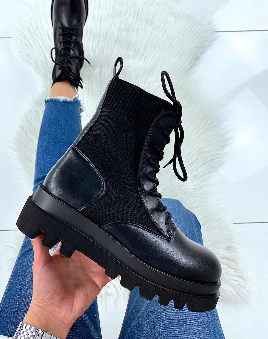 Bottines noires bi-matières à lacets