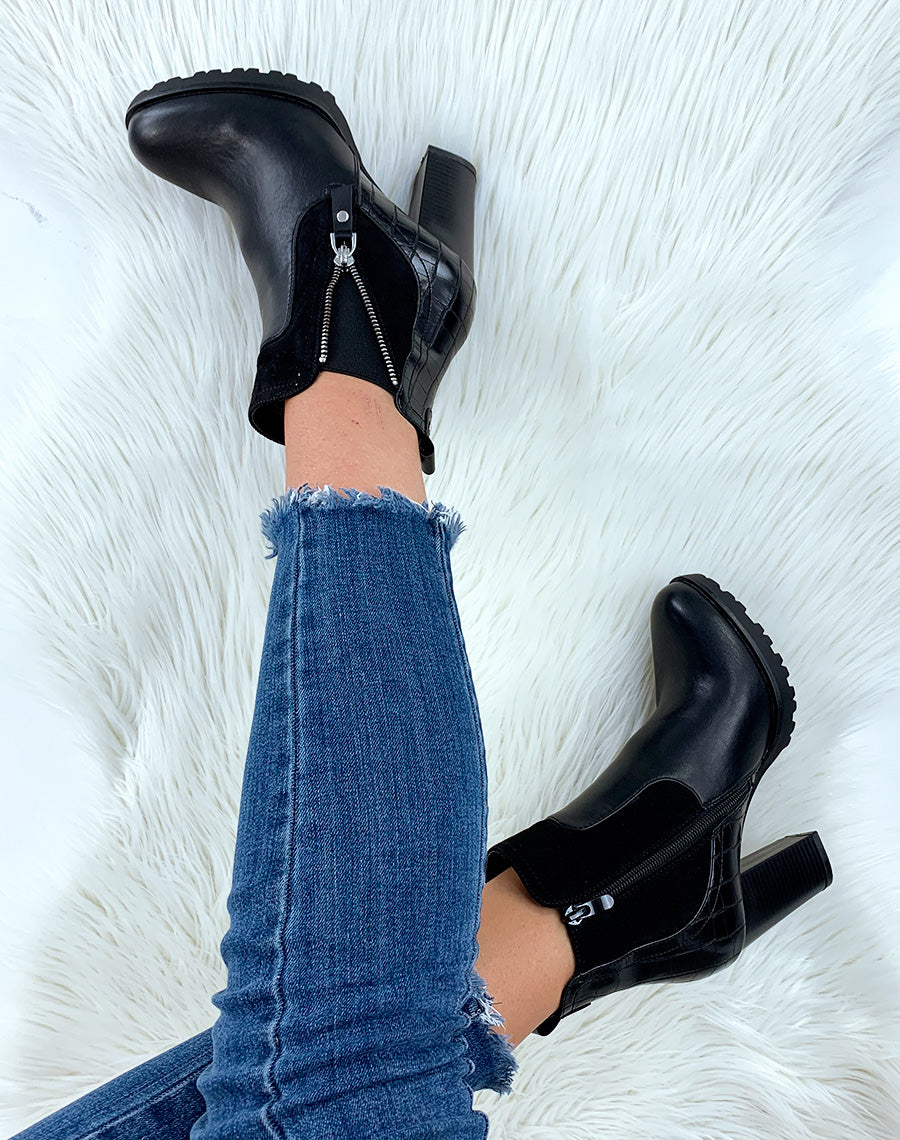Bottines noires bi-matières à talon