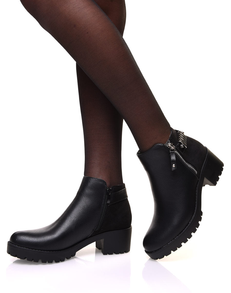 Bottines noires bi matières à talon mi haut