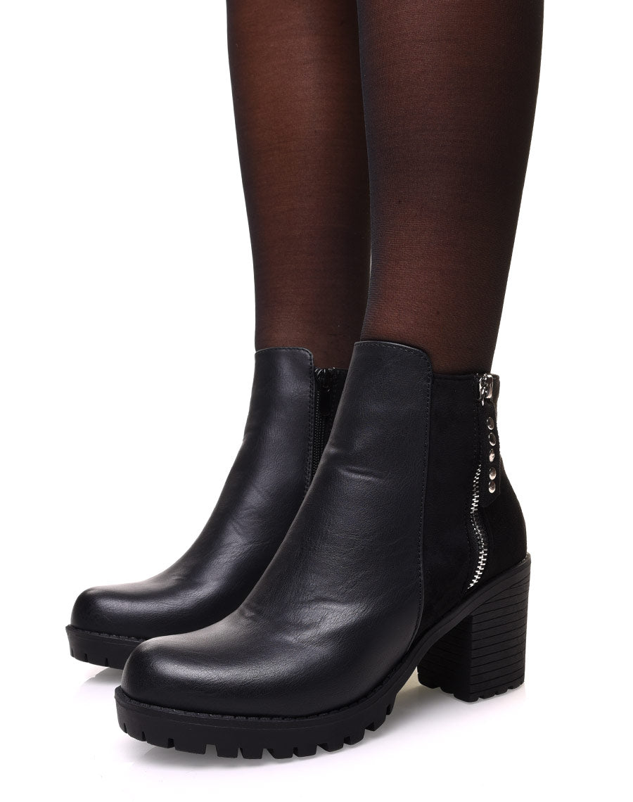 Bottines noires bi matières à talon mi haut