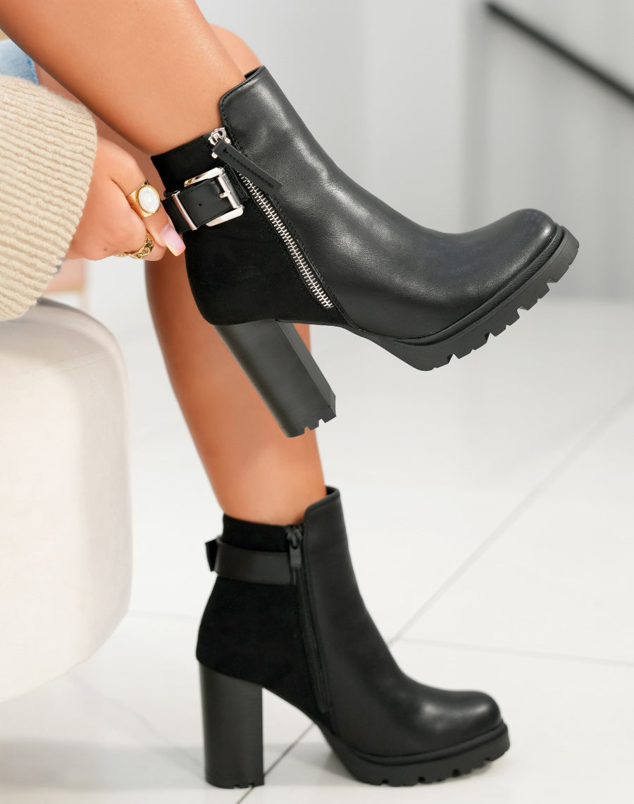 Bottines noires bi-matières à talons crantés avec sangle