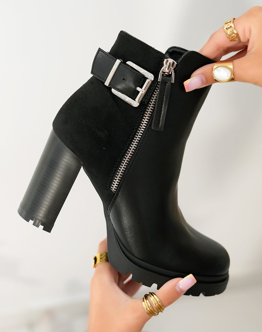 Bottines noires bi-matières à talons crantés avec sangle
