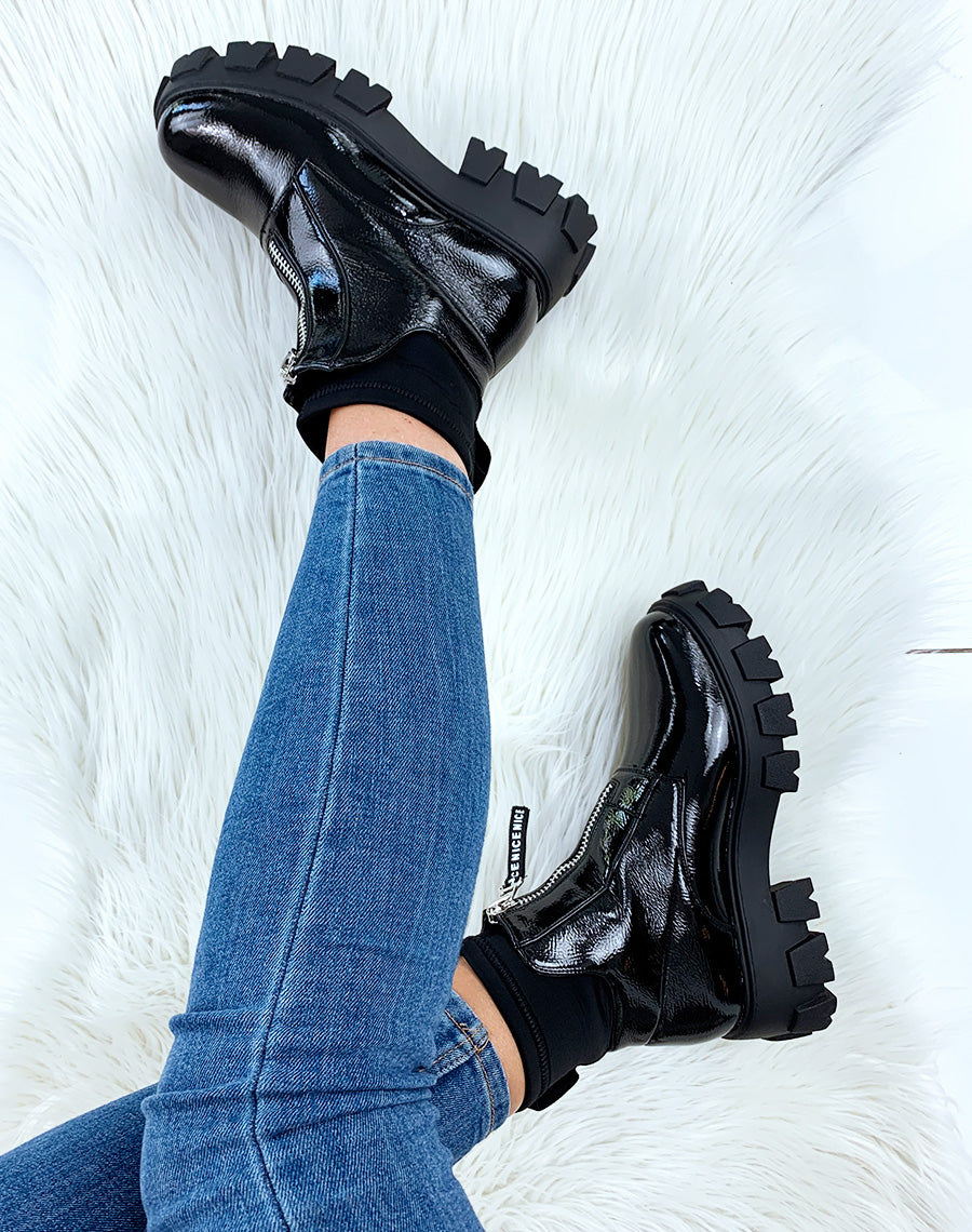 Bottines noires chaussette à plateforme crantée