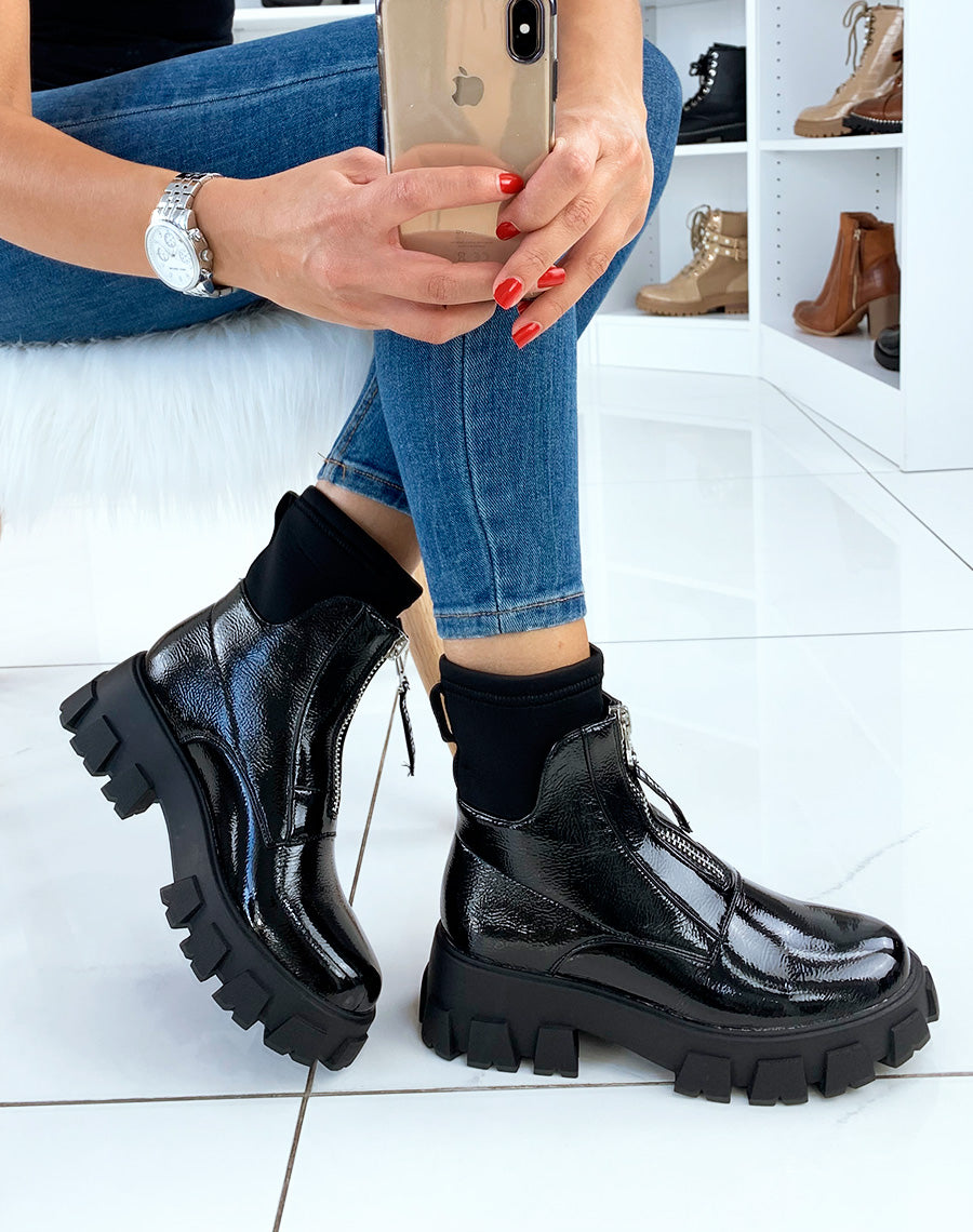Bottines noires chaussette à plateforme crantée