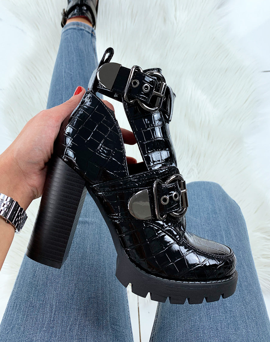 Bottines noires croco vernies à sangles
