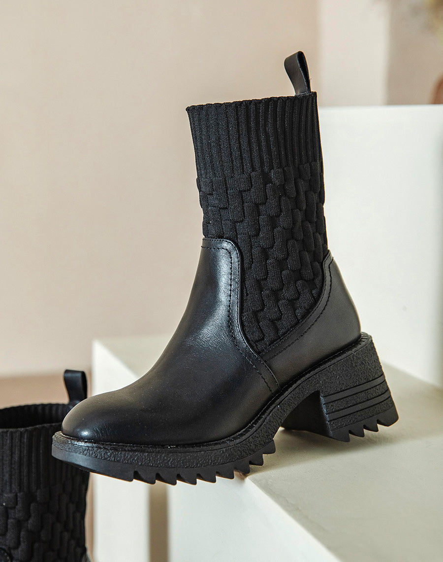 Bottines noires effet chaussette à talon épais à semelle crantée