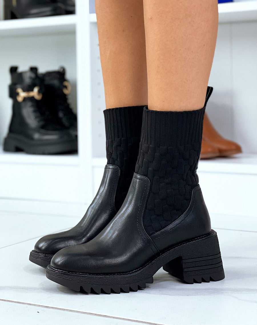 Bottines noires effet chaussette à talon épais à semelle crantée