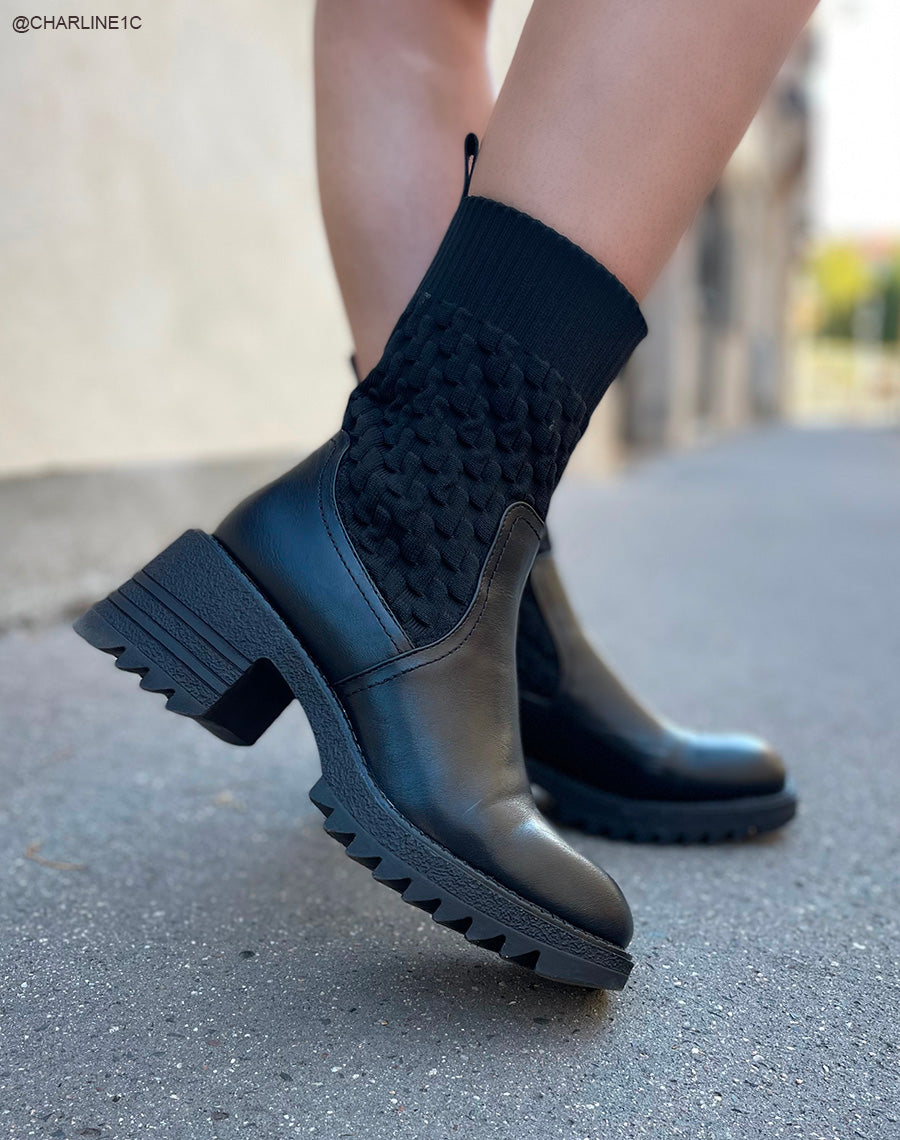 Bottines noires effet chaussette à talon épais à semelle crantée