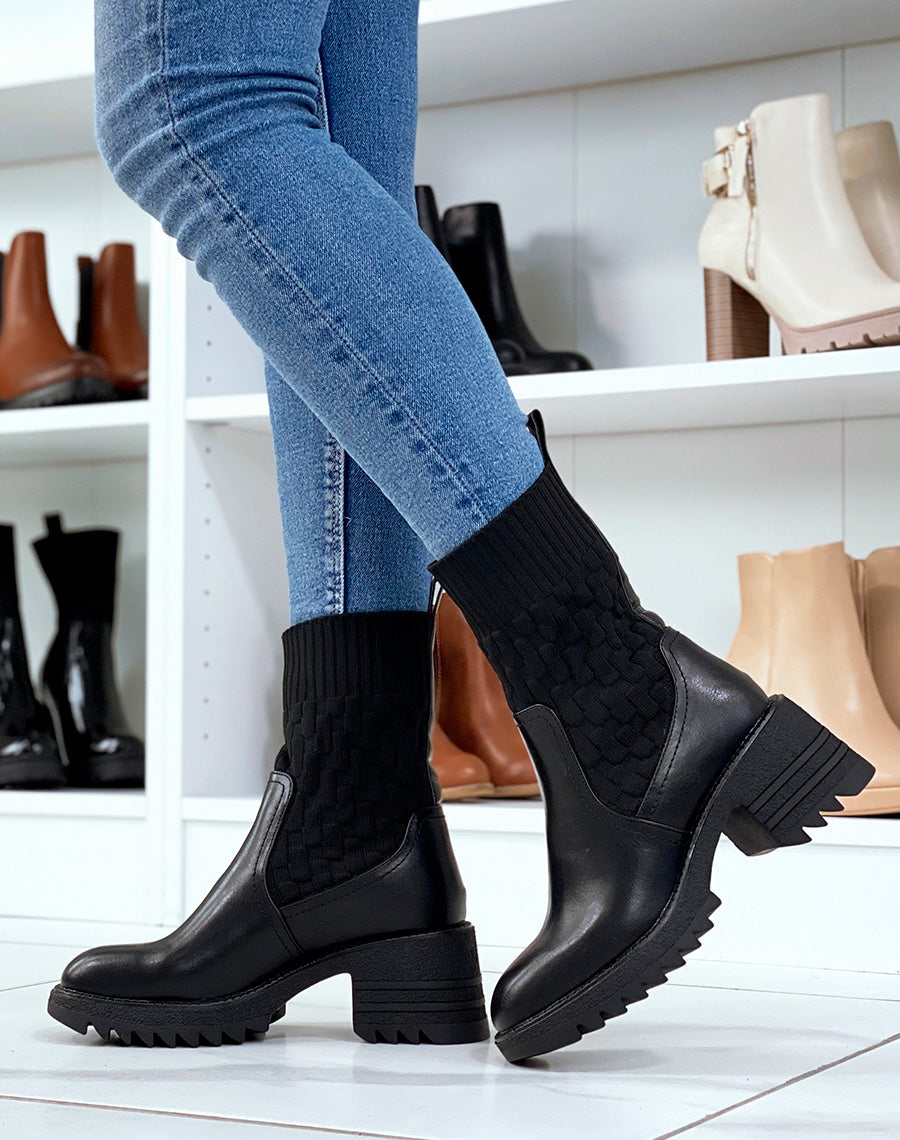 Bottines noires effet chaussette à talon épais à semelle crantée