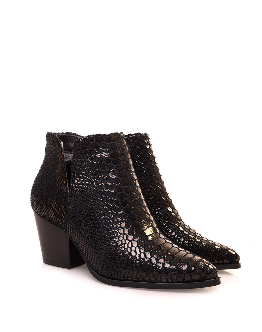 Bottines noires effet croco brillant à talon mi-haut