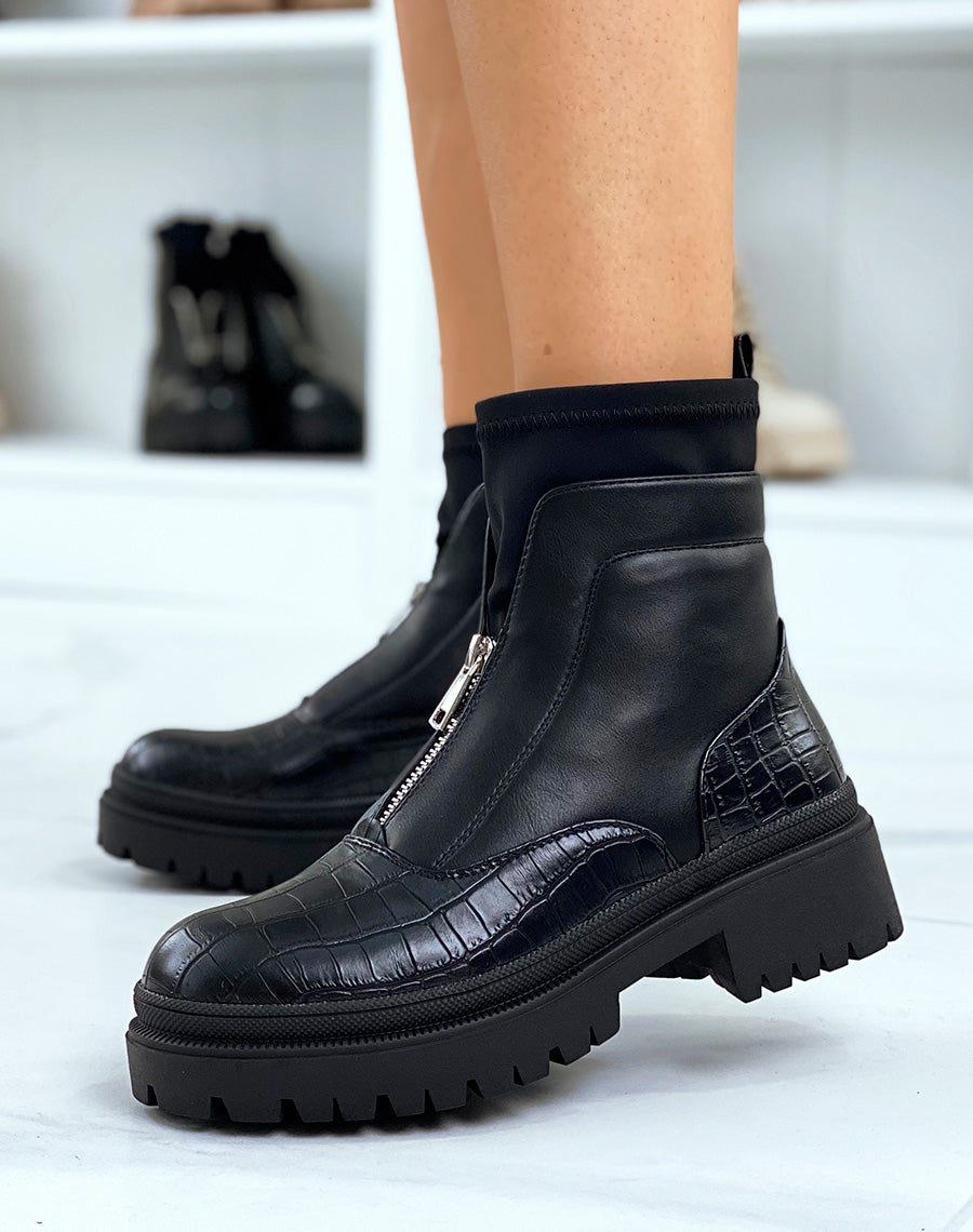 Bottines noires effet croco et effet chaussette à zip