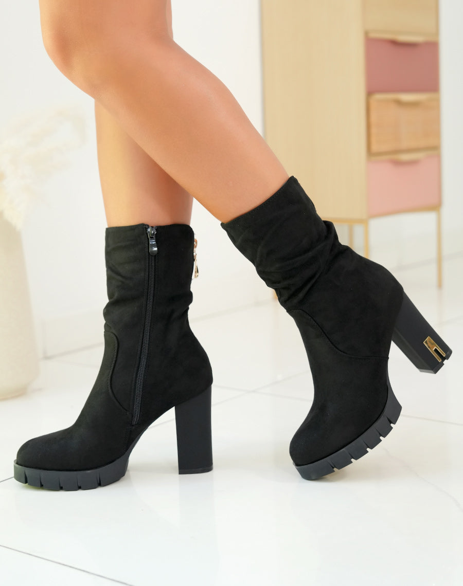 BOTTINES NOIRES EFFET DAIM ? TALONS AVEC D?TAIL DOR? POUR FEMME