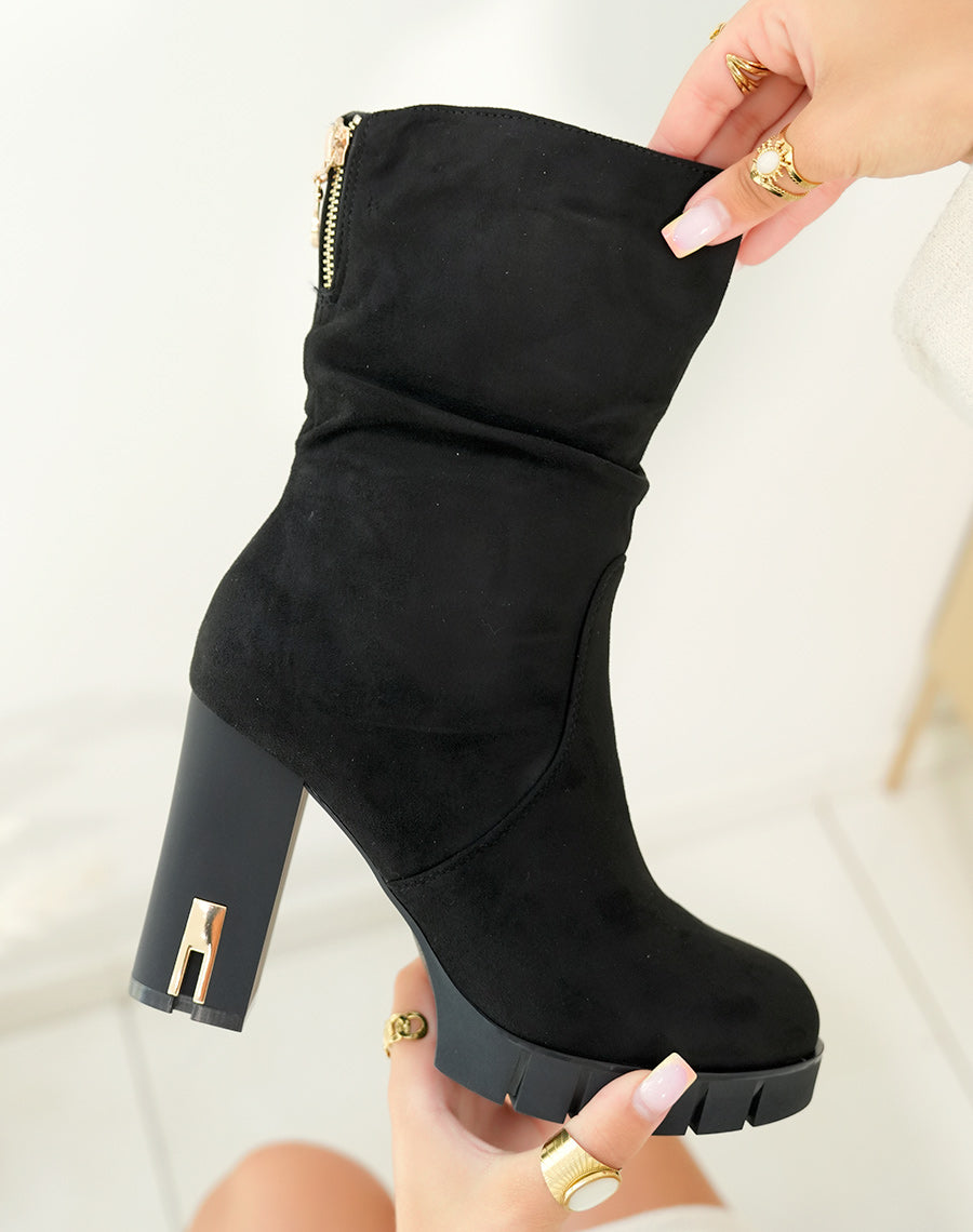 BOTTINES NOIRES EFFET DAIM ? TALONS AVEC D?TAIL DOR? POUR FEMME