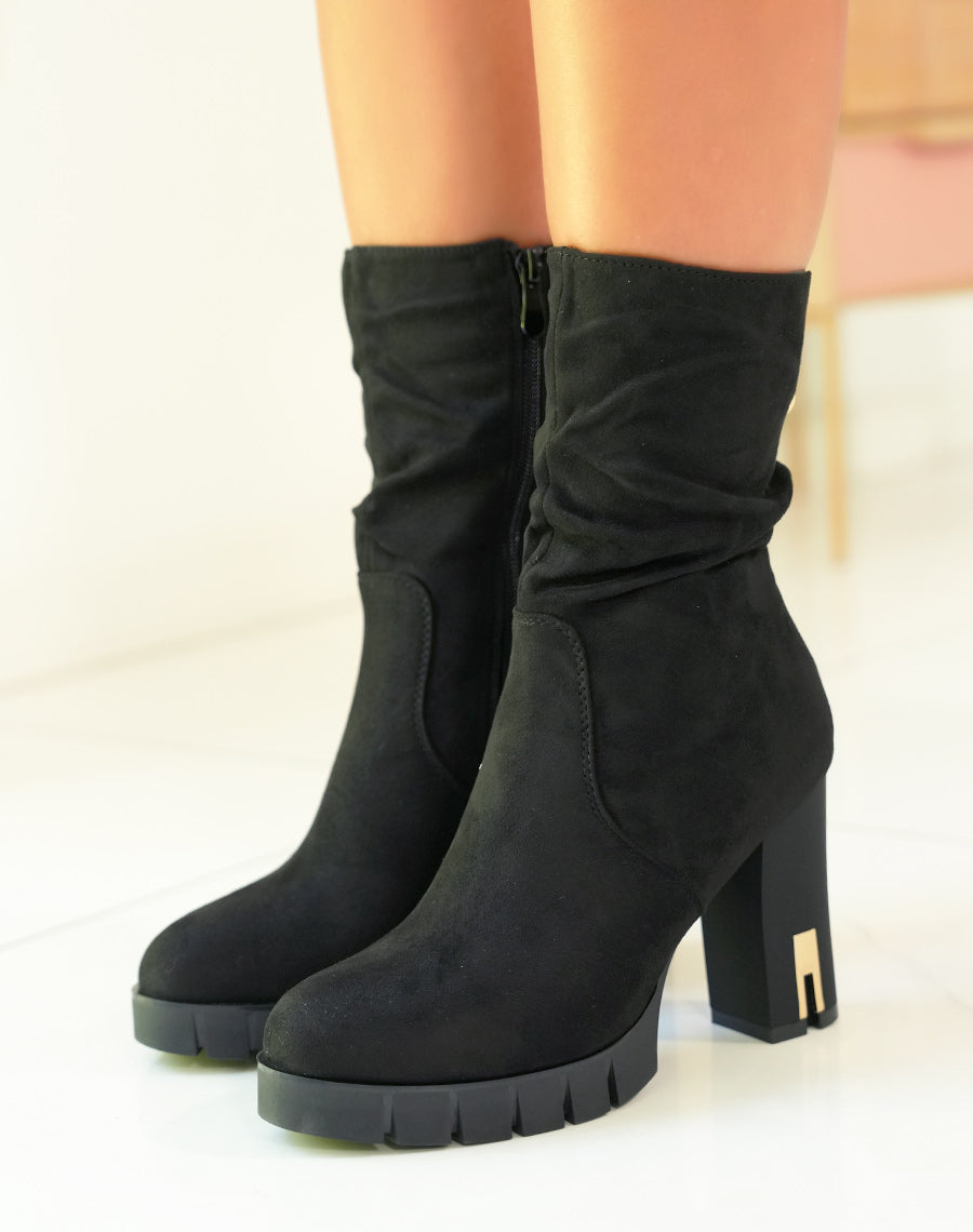 BOTTINES NOIRES EFFET DAIM ? TALONS AVEC D?TAIL DOR? POUR FEMME