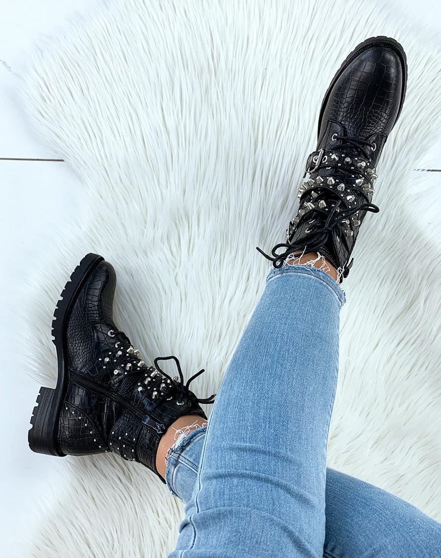 Bottines noires effet serpent à bijoux rock