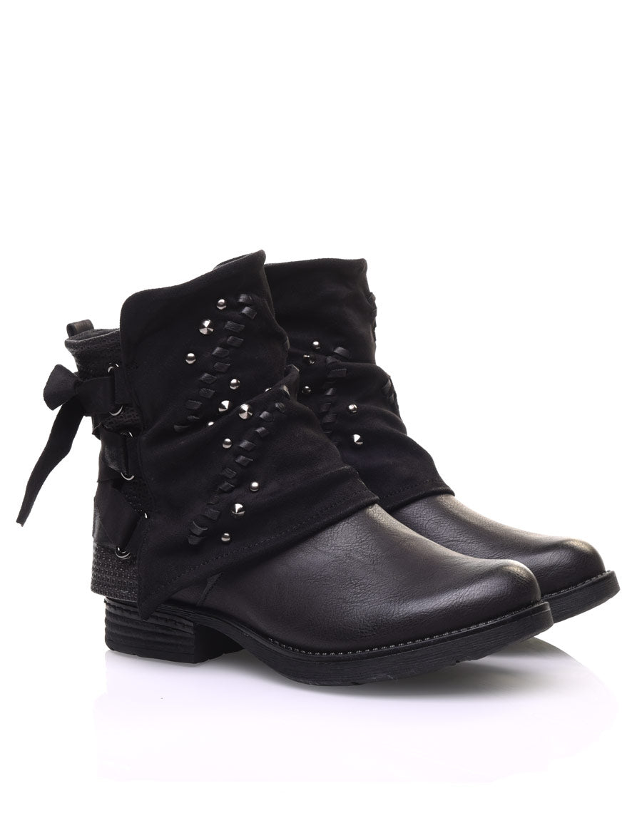 Bottines noires à empiècements bi-matières et noeud