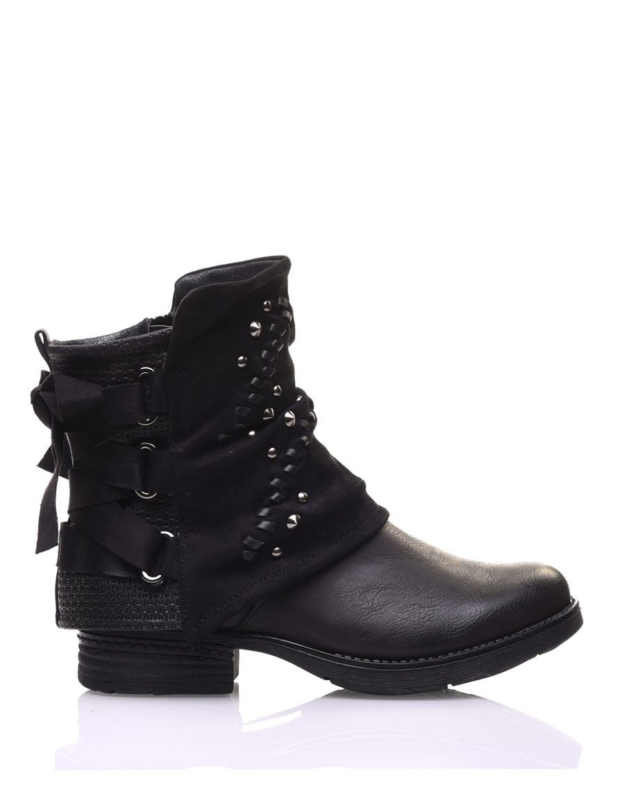 Bottines noires à empiècements bi-matières et noeud