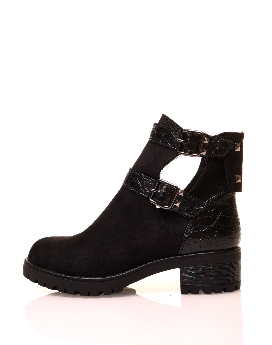 Bottines noires en suédine crantées à boucles