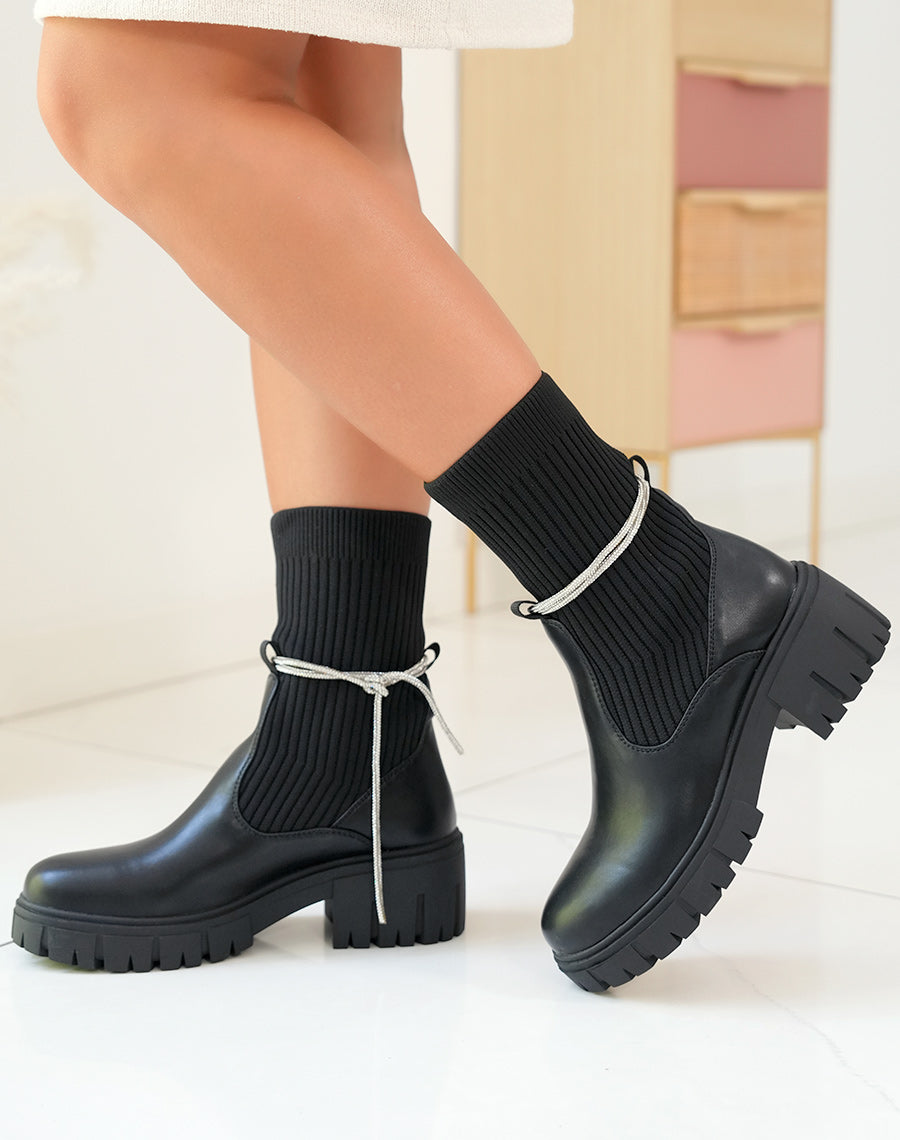 Bottines Noires Femme avec Effet Chaussette et Strass Amovible