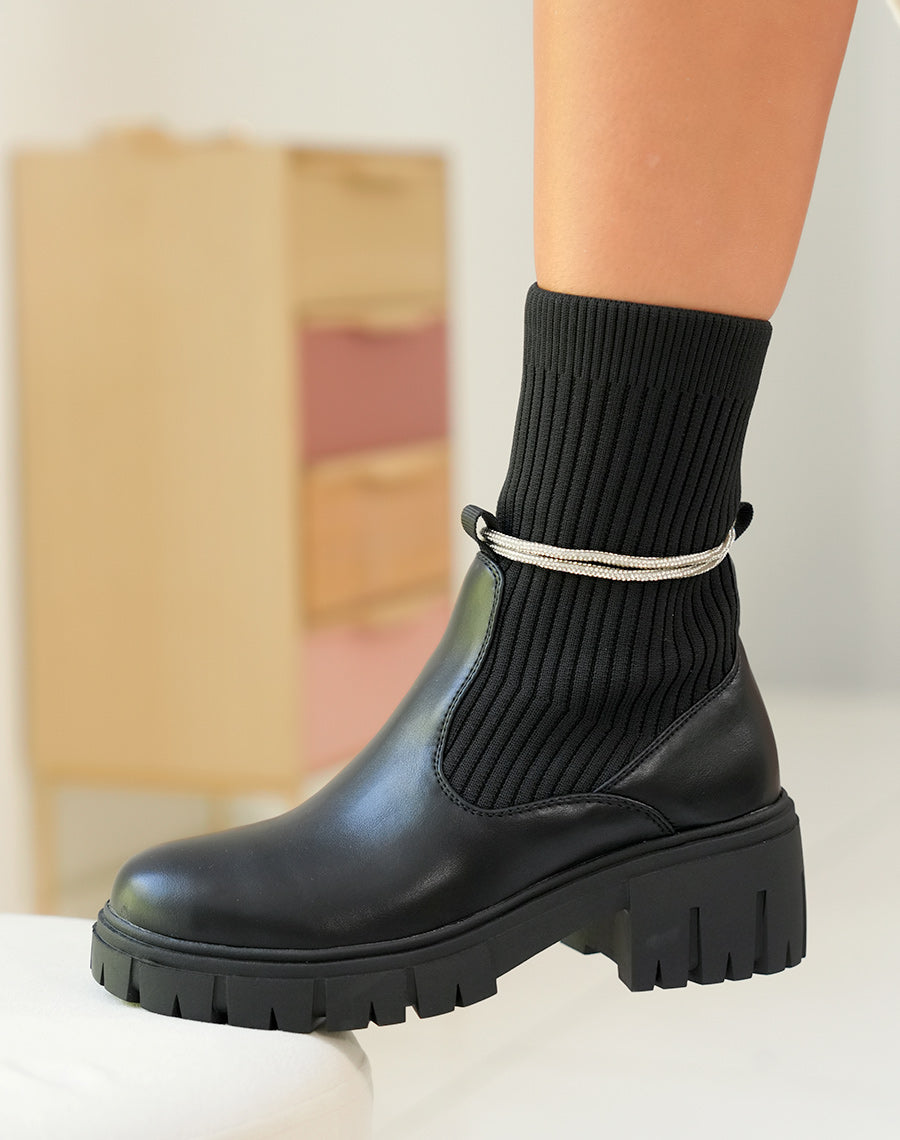 Bottines Noires Femme avec Effet Chaussette et Strass Amovible