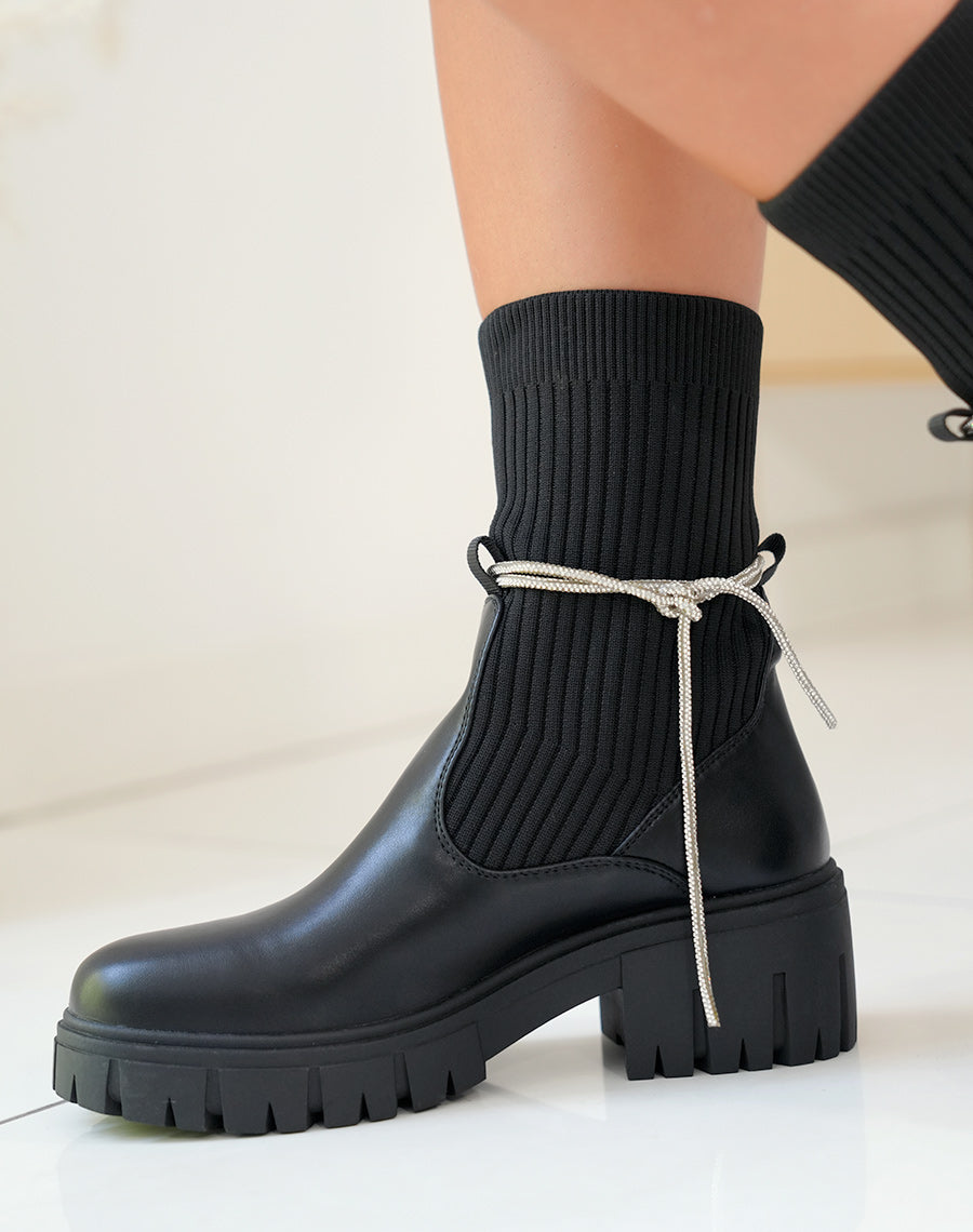 Bottines Noires Femme avec Effet Chaussette et Strass Amovible