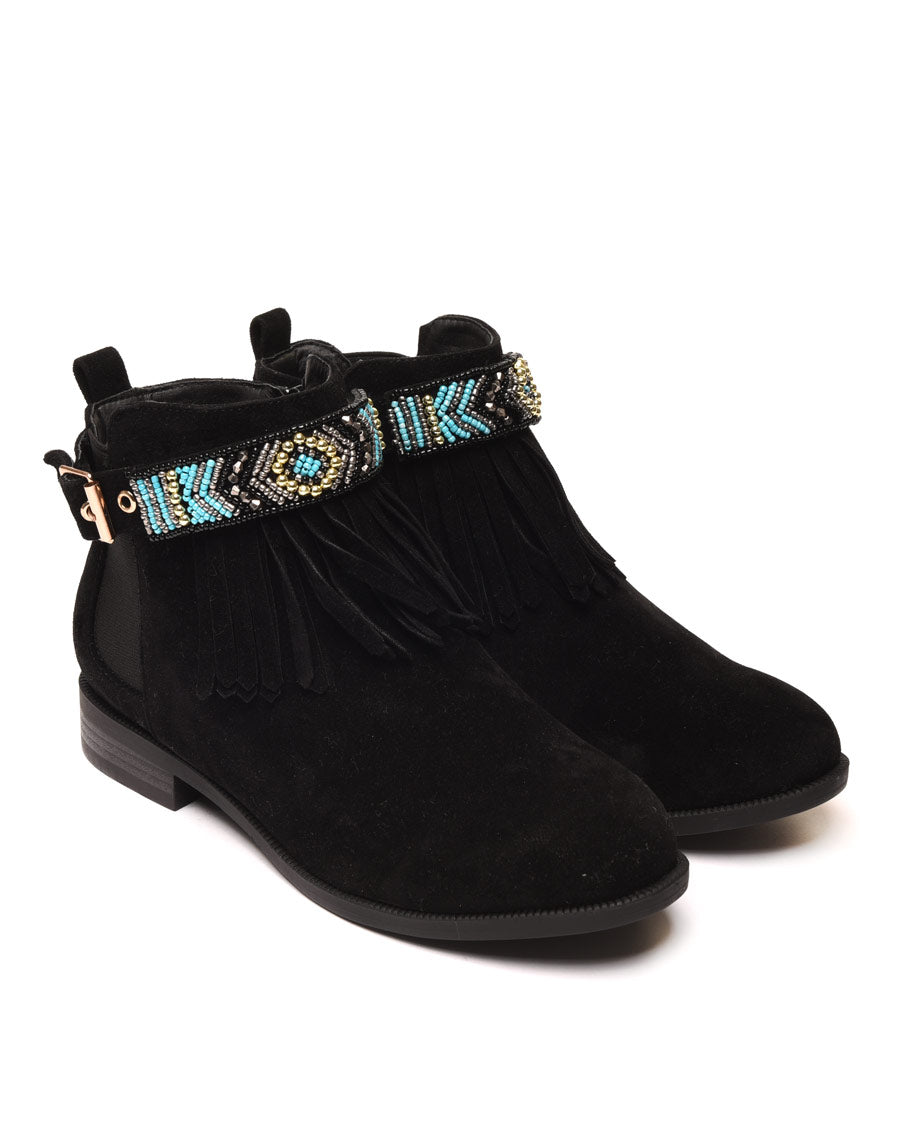 Bottines noires à franges et lanière perlée