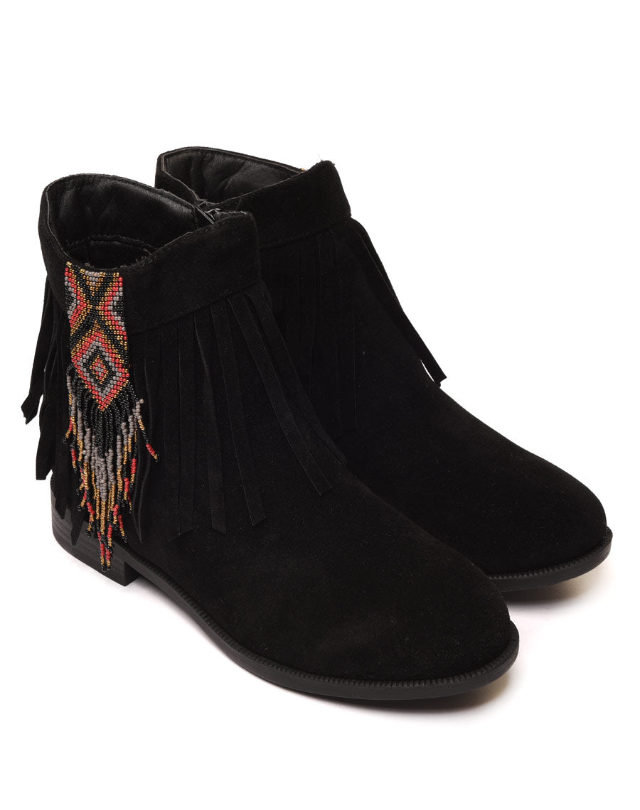 Bottines noires à franges et perles