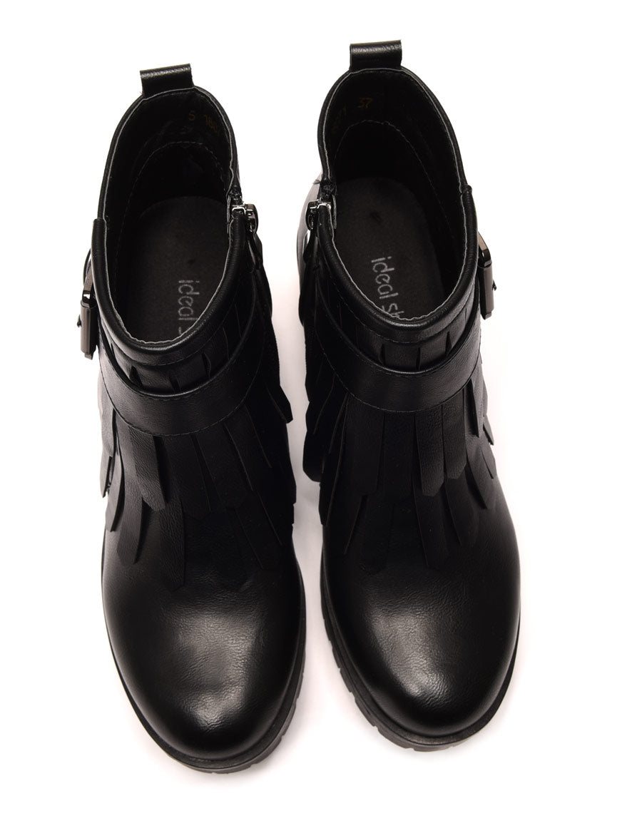 Bottines noires à franges à talons mi hauts