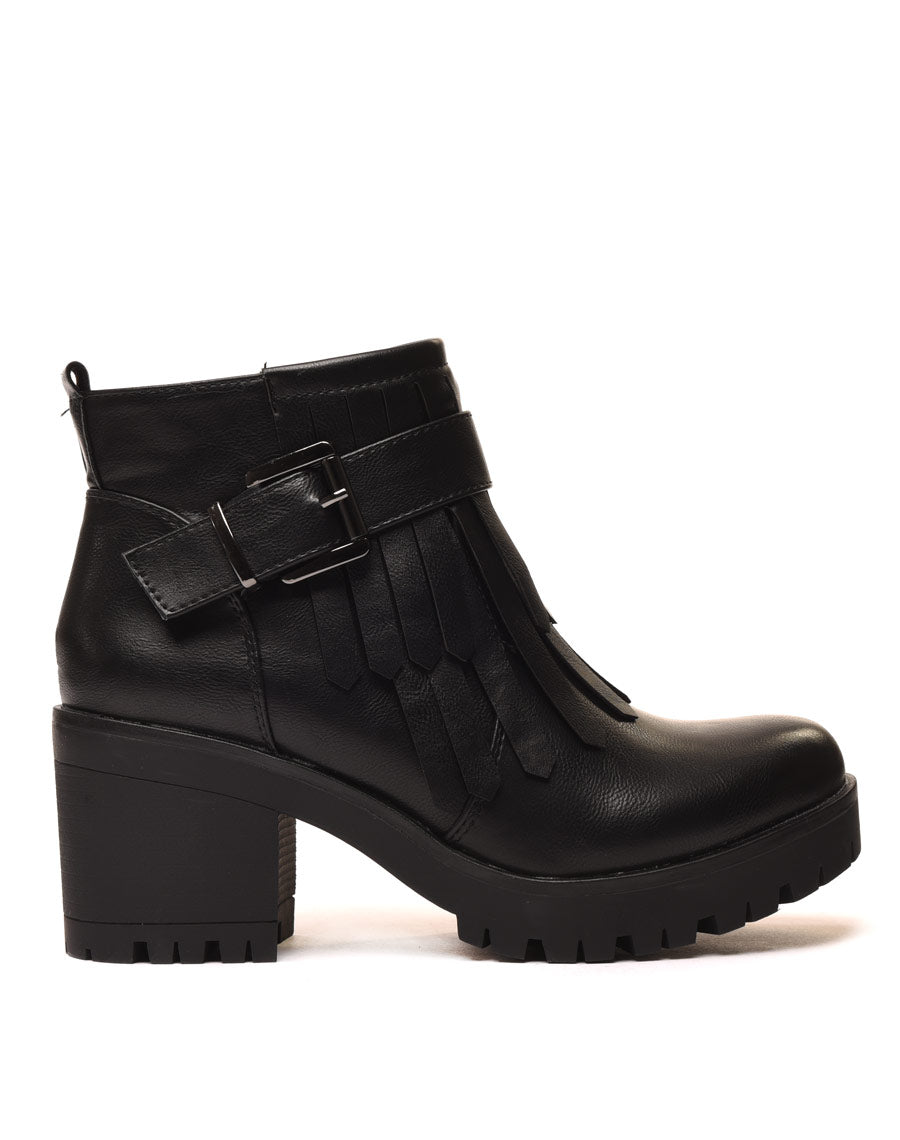 Bottines noires à franges à talons mi hauts