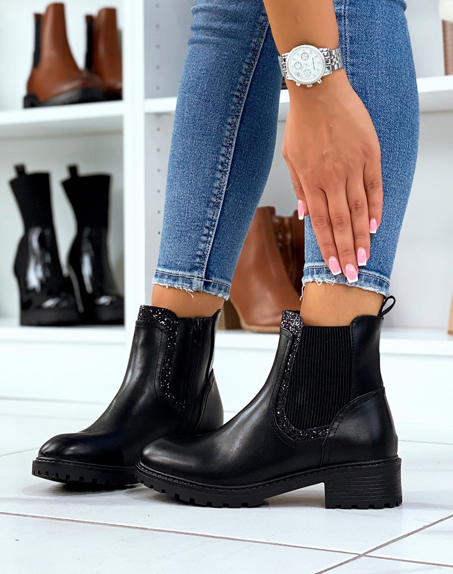 Bottines noires inspiration chelsea à empiècement pailleté