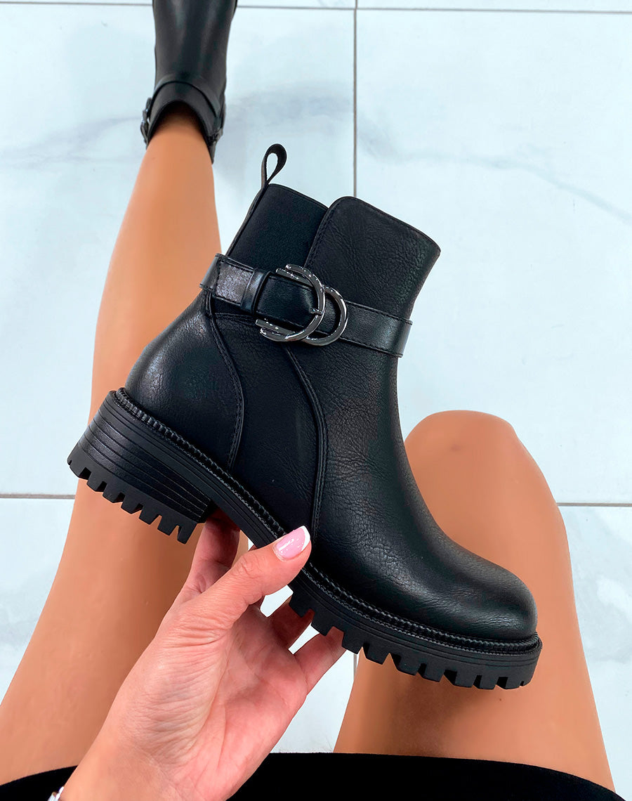 BOTTINES NOIRES ÉLÉGANTES AVEC ÉLASTIQUE ET LANIÈRES ARGENTÉES POUR FEMME
