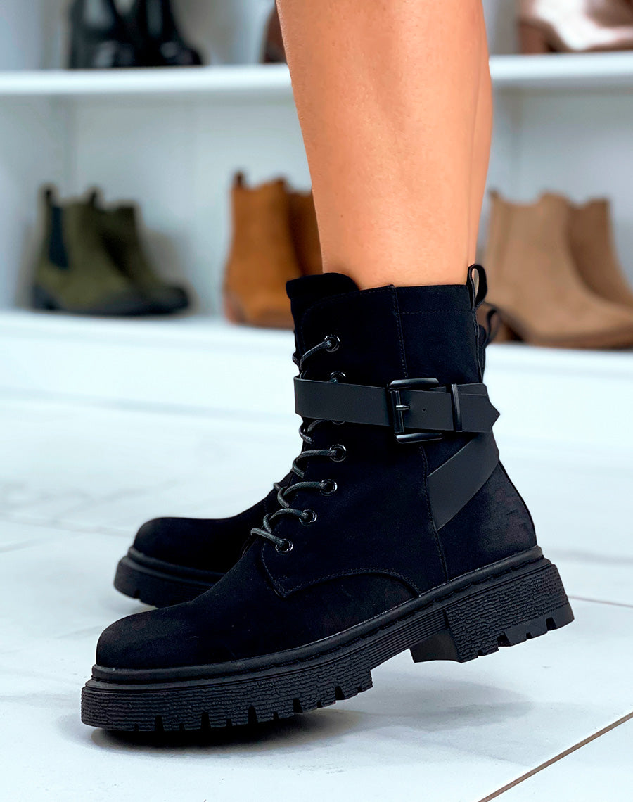 Bottines Noires à Lacet avec Brides Ajustables pour Femmes