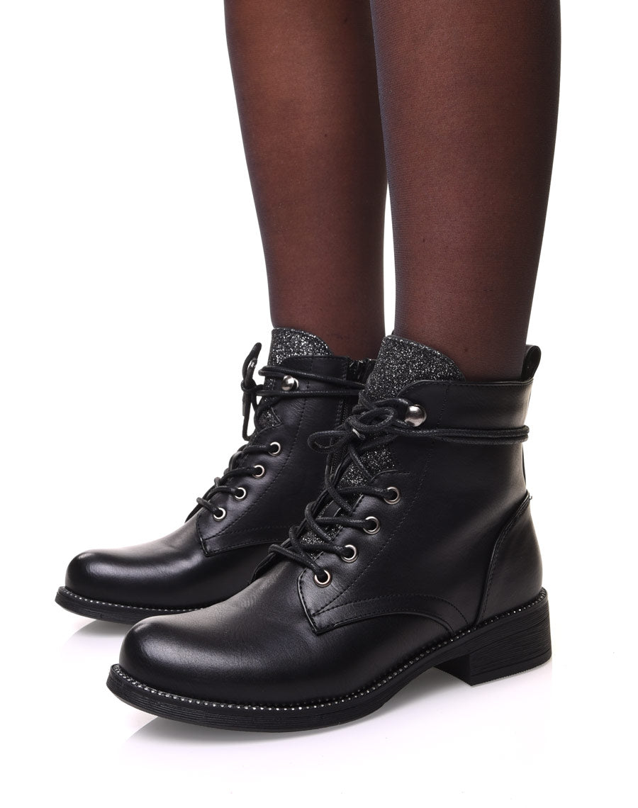 Bottines noires à lacets et languette pailletée