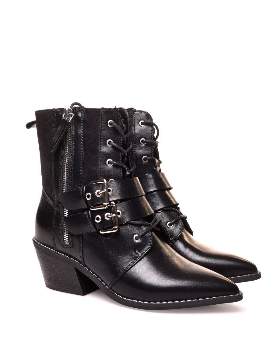 Bottines noires à lacets et à talons biseautés bi-matières