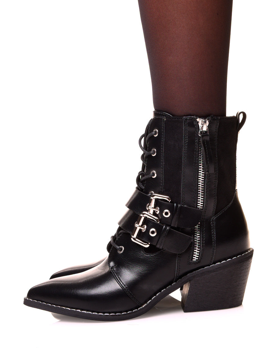 Bottines noires à lacets et à talons biseautés bi-matières