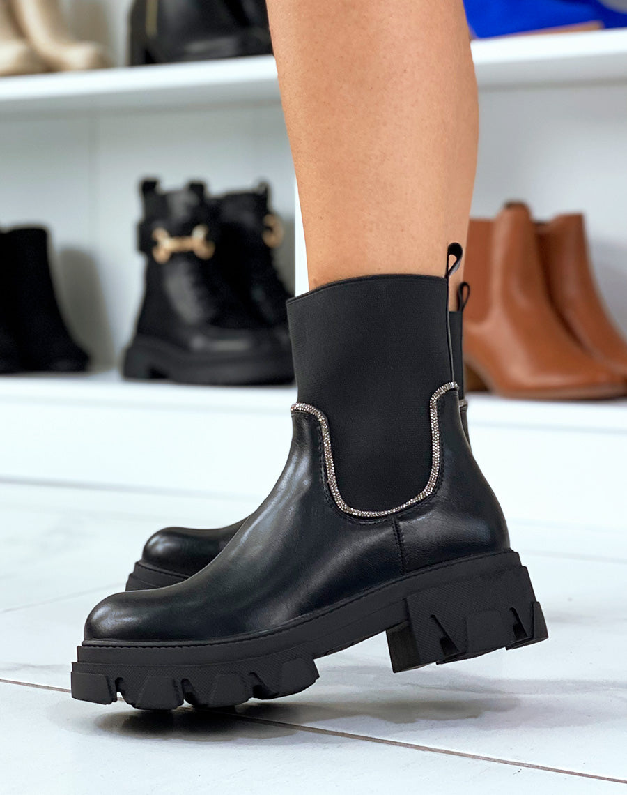 Bottines noires à élastique à couture à strass argentés
