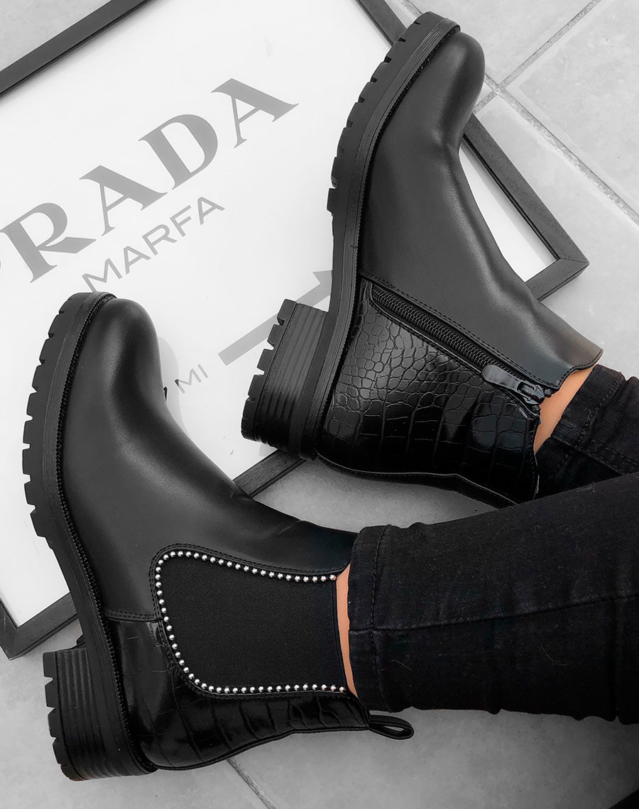 Bottines noires lisse et effet croco à clou