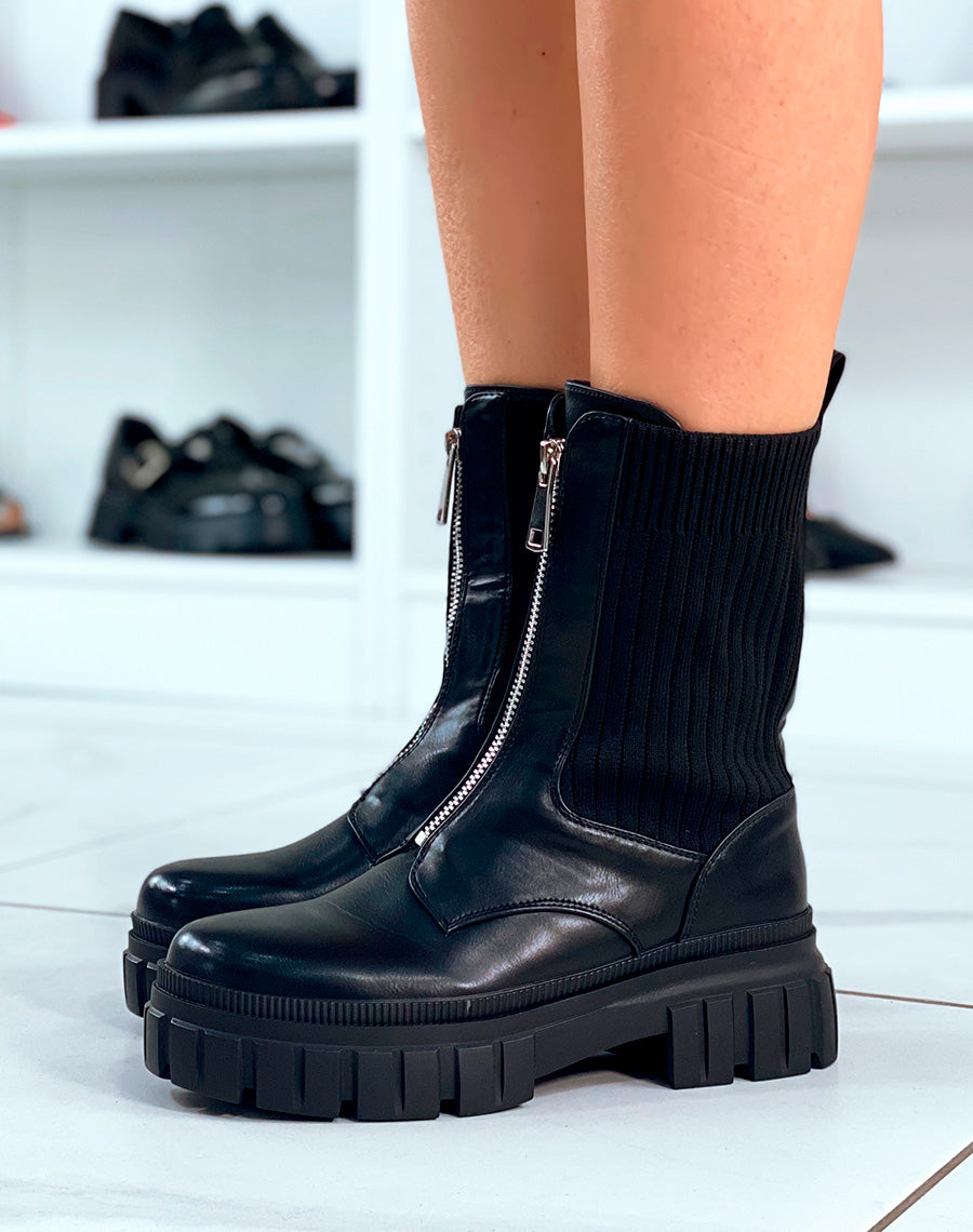 BOTTINES NOIRES MONTANTES EFFET CHAUSSETTE ZIPPÉE