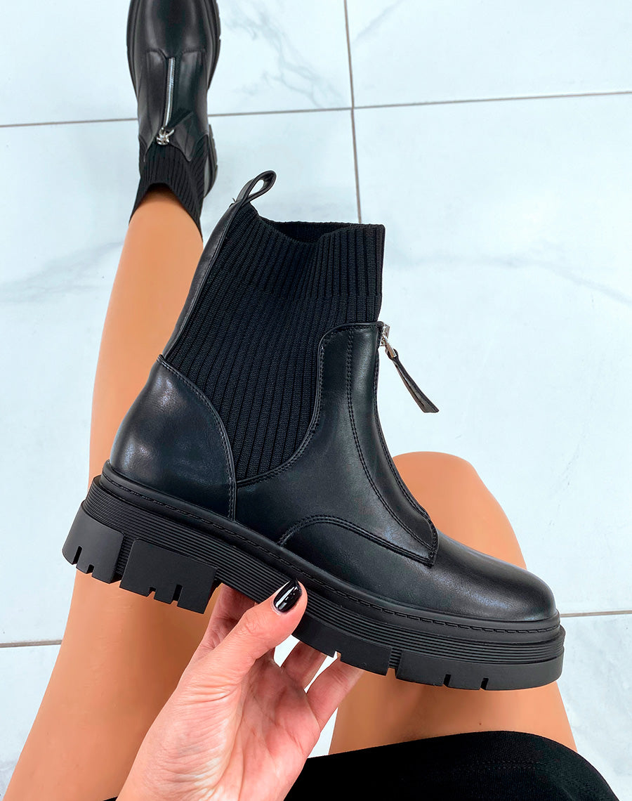 BOTTINES NOIRES MONTANTES EFFET CHAUSSETTES AVEC ZIP POUR FEMME