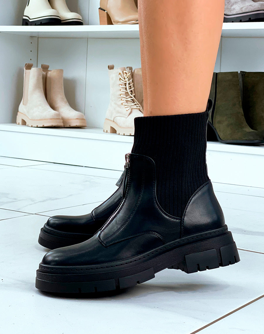 BOTTINES NOIRES MONTANTES EFFET CHAUSSETTES AVEC ZIP POUR FEMME
