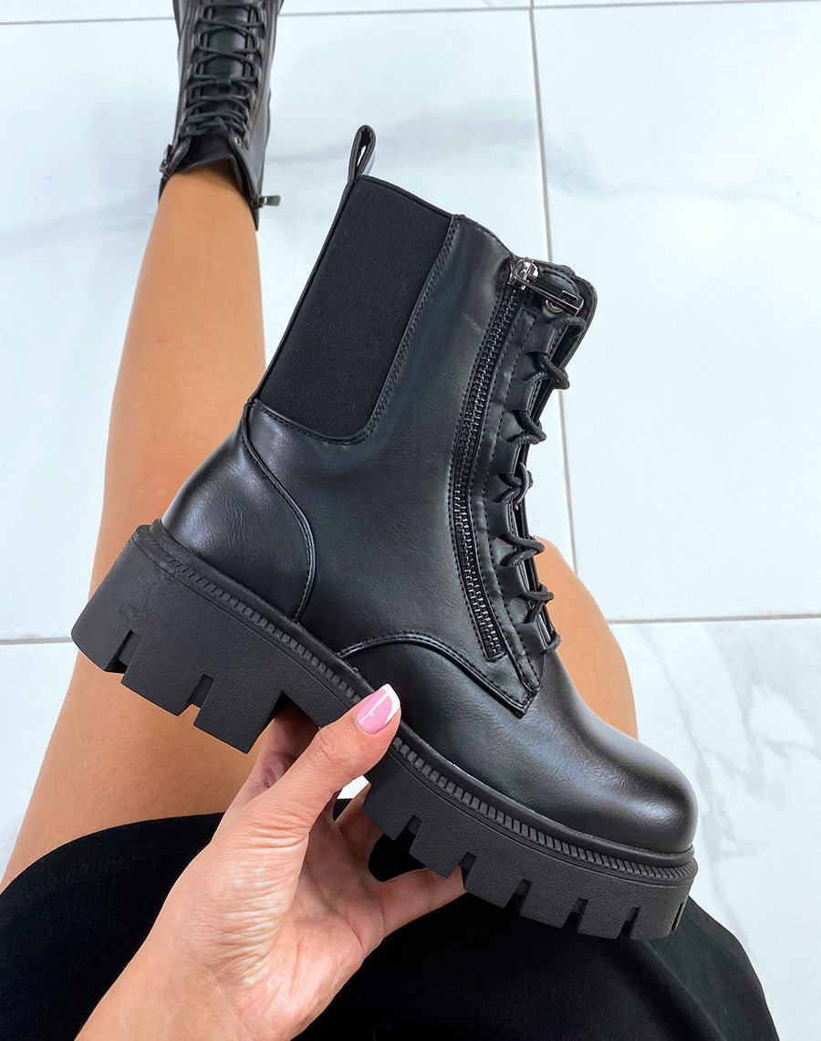 Bottines noires montantes à lacet et à zip
