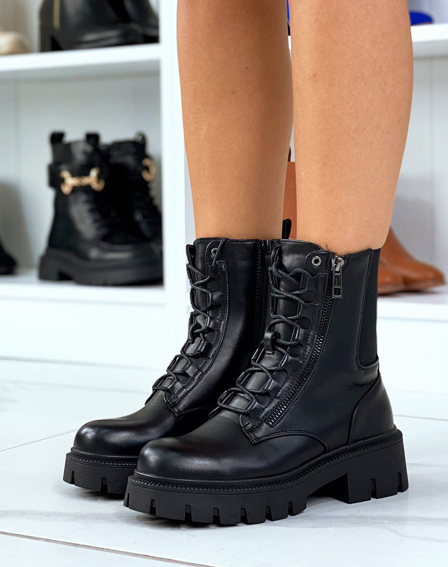 Bottines noires montantes à lacet et à zip