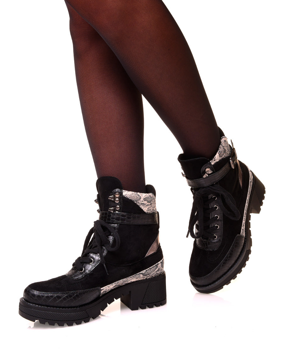 Bottines noires multi-matières à talon épais