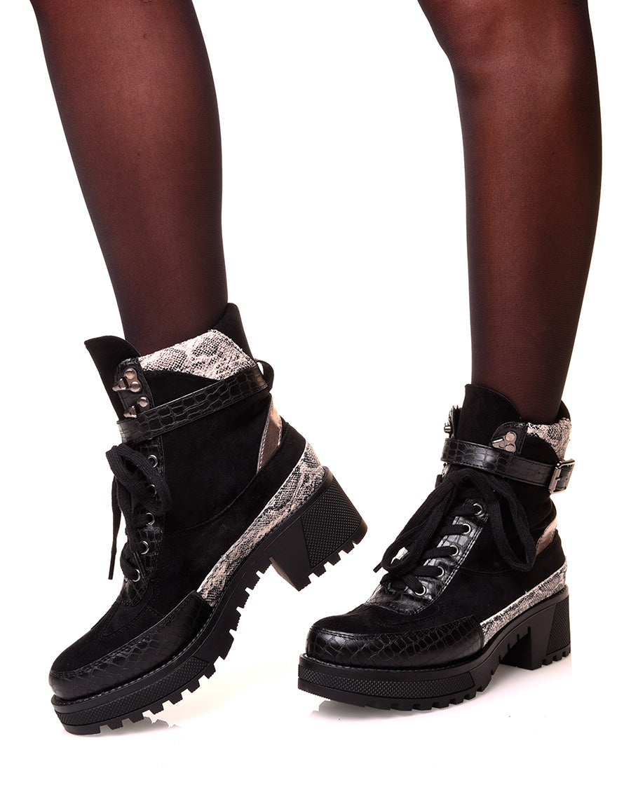 Bottines noires multi-matières à talon épais