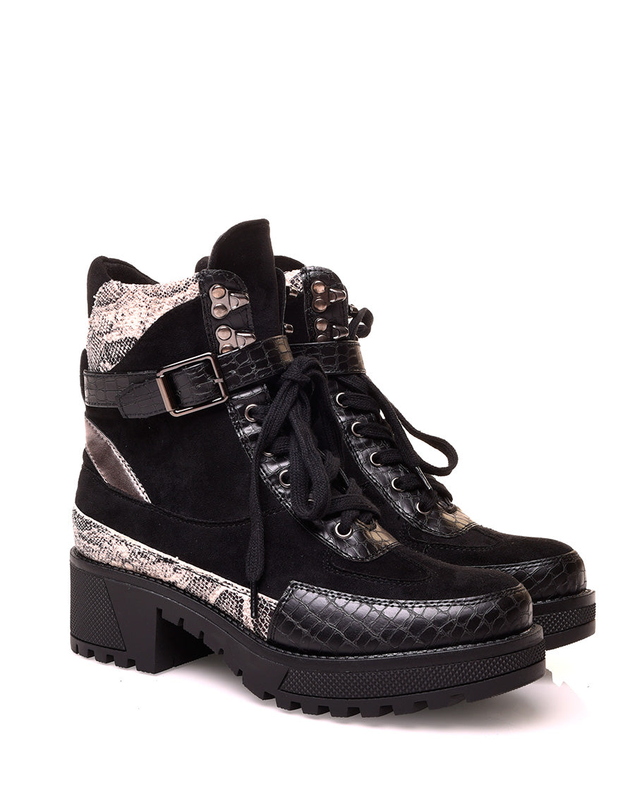 Bottines noires multi-matières à talon épais