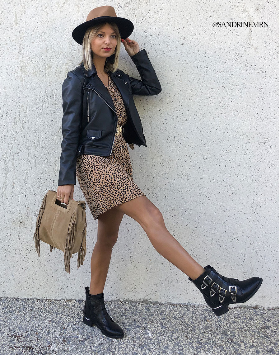 Bottines noires à multiples brides effet croco