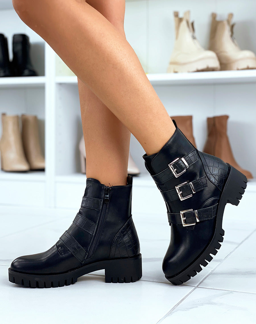 Bottines noires à multiples sangles en effet croco