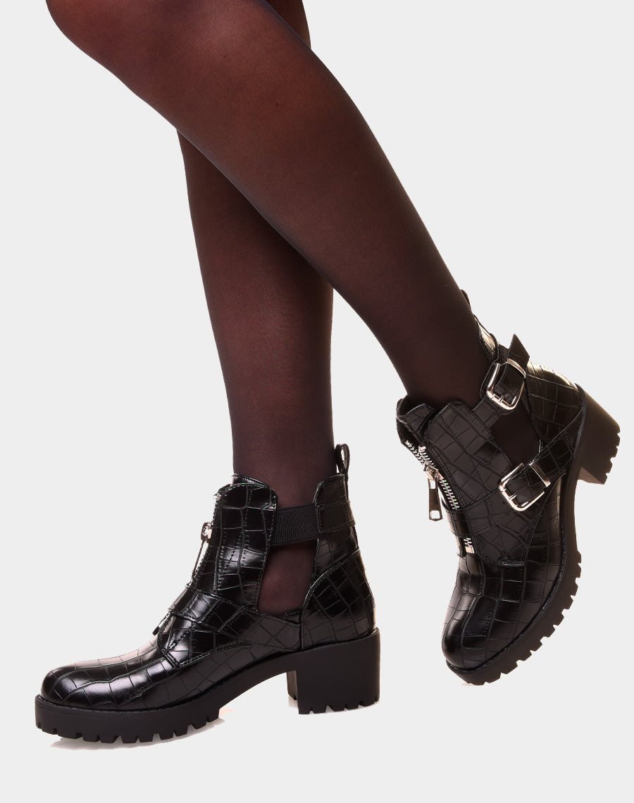 Bottines noires ouvertes à double lanières effet croco