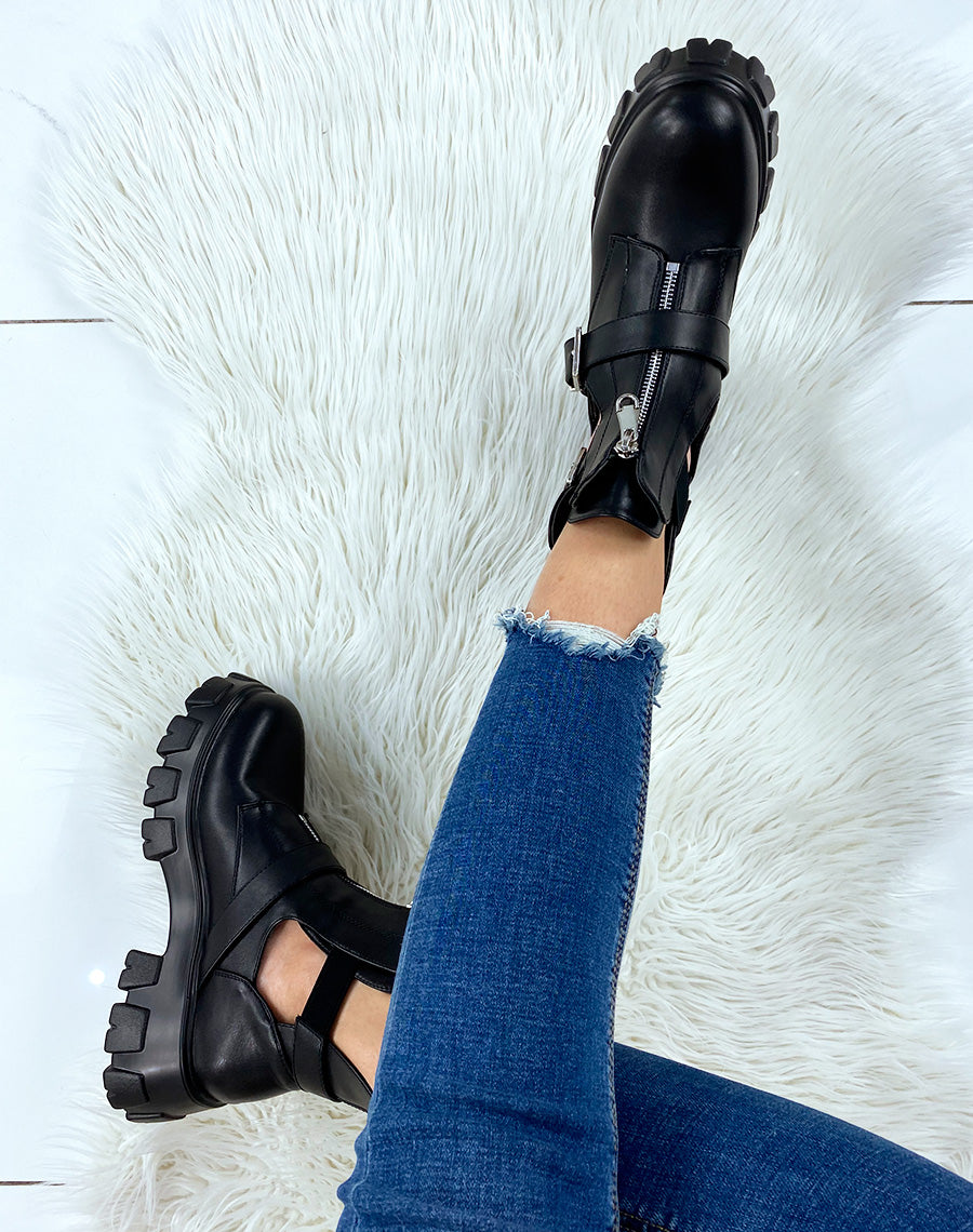 Bottines noires ouvertes à double lanières et zip