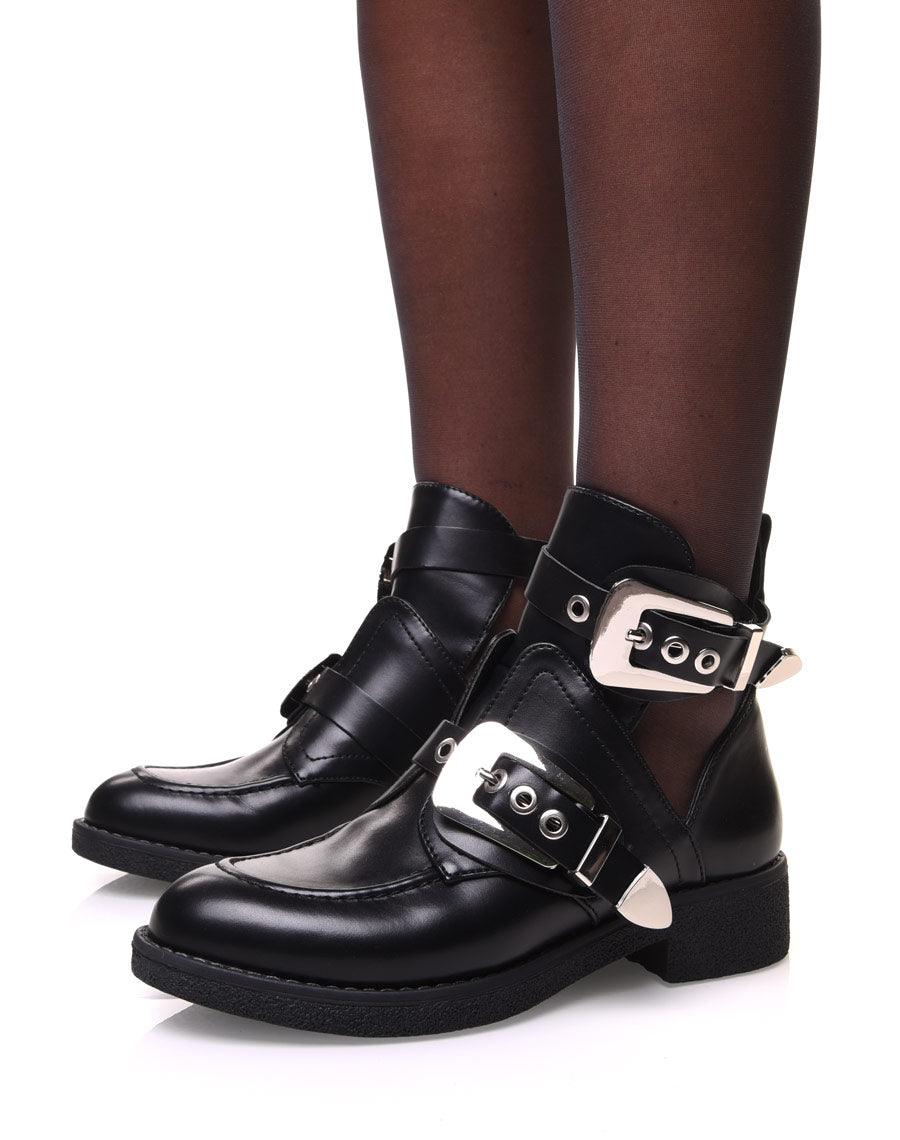 Bottines noires plates ajourées avec sangles